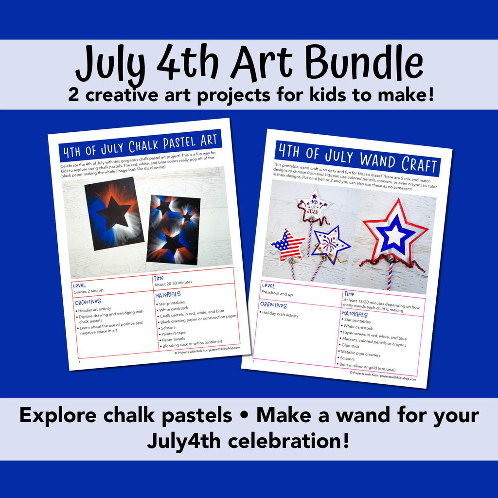 4th of July art projects for kids PDF example sheets. 4th of July chalk pastel art and July 4th printable wand craft. 