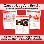 PDF sheets of printable Canada Day wand craft, Canada chalk pastel art, and Canada Day spin painting activity.
