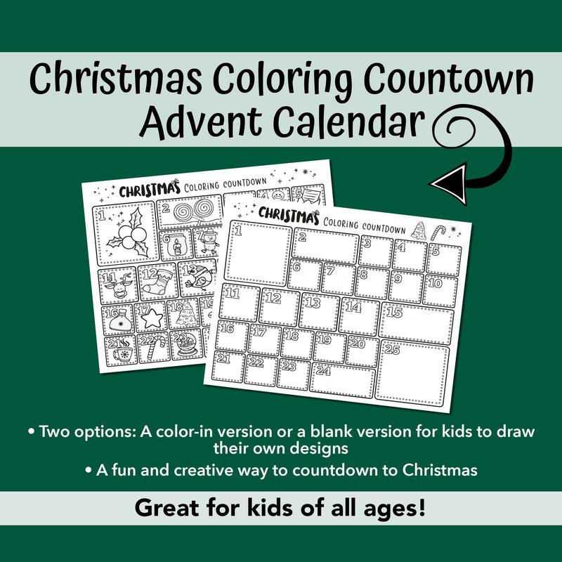 Christmas coloring countdown advent calendar showing 2 versions for kids to complete. A filled in version with designs to color and a blank version for kids to draw their own designs. 