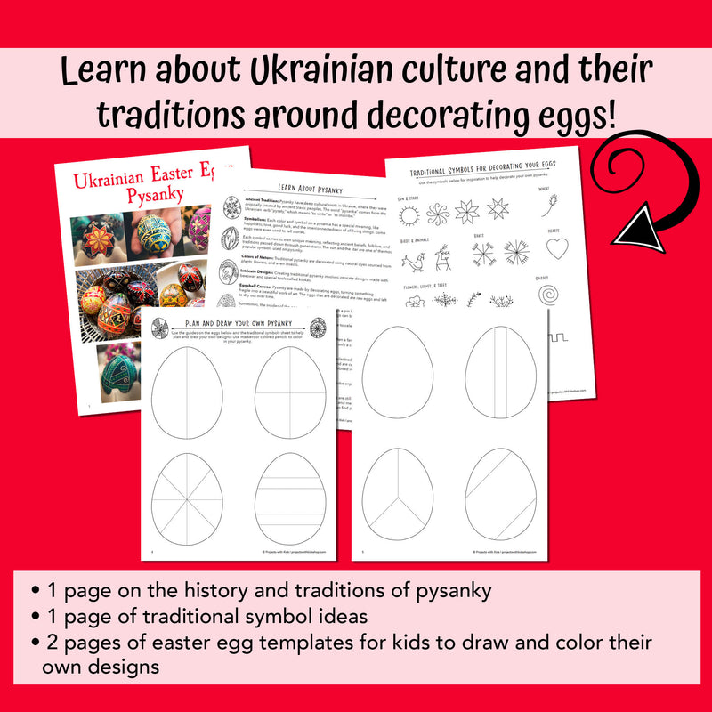 Printable pack about Ukrainian Easter eggs to learn about the traditions, symbols and practice drawing and coloring.