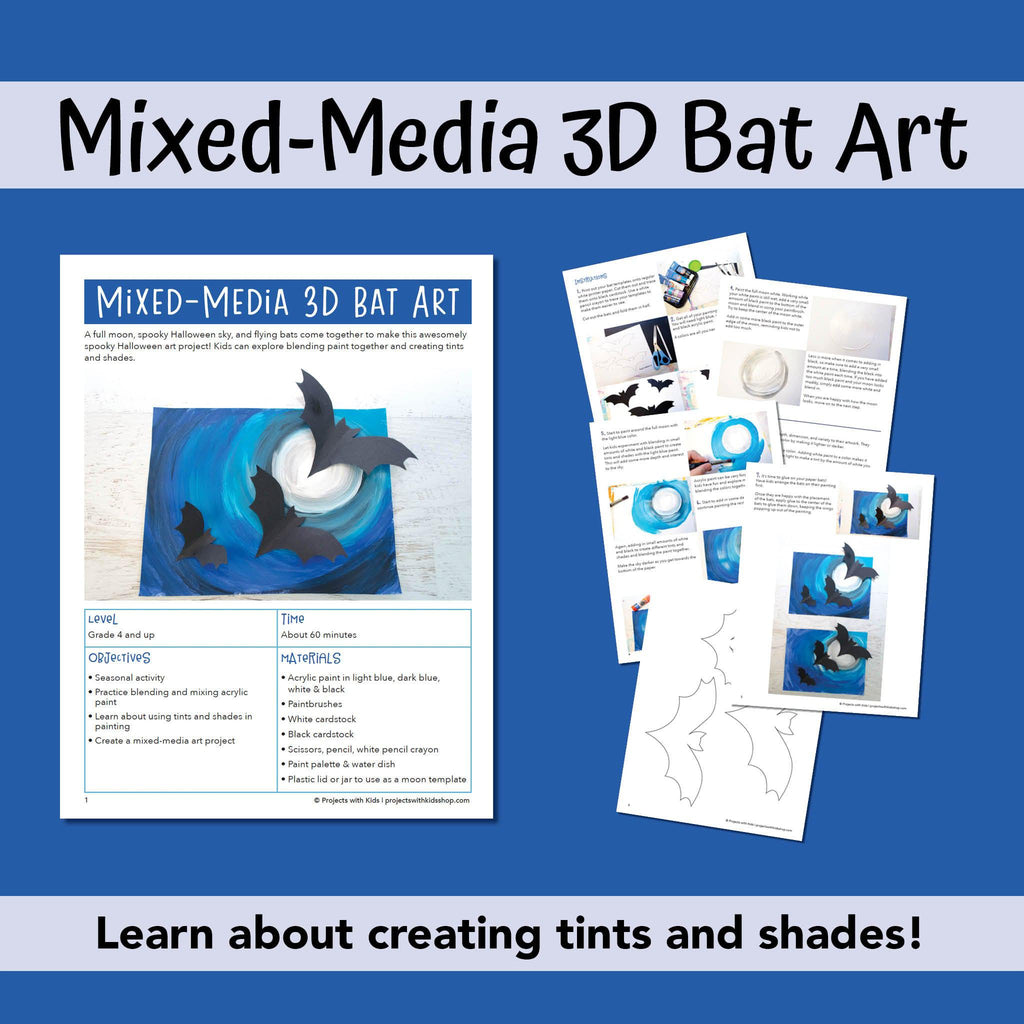 PDF of a mixed-media 3D bat art project for kids to make for fall or Halloween.