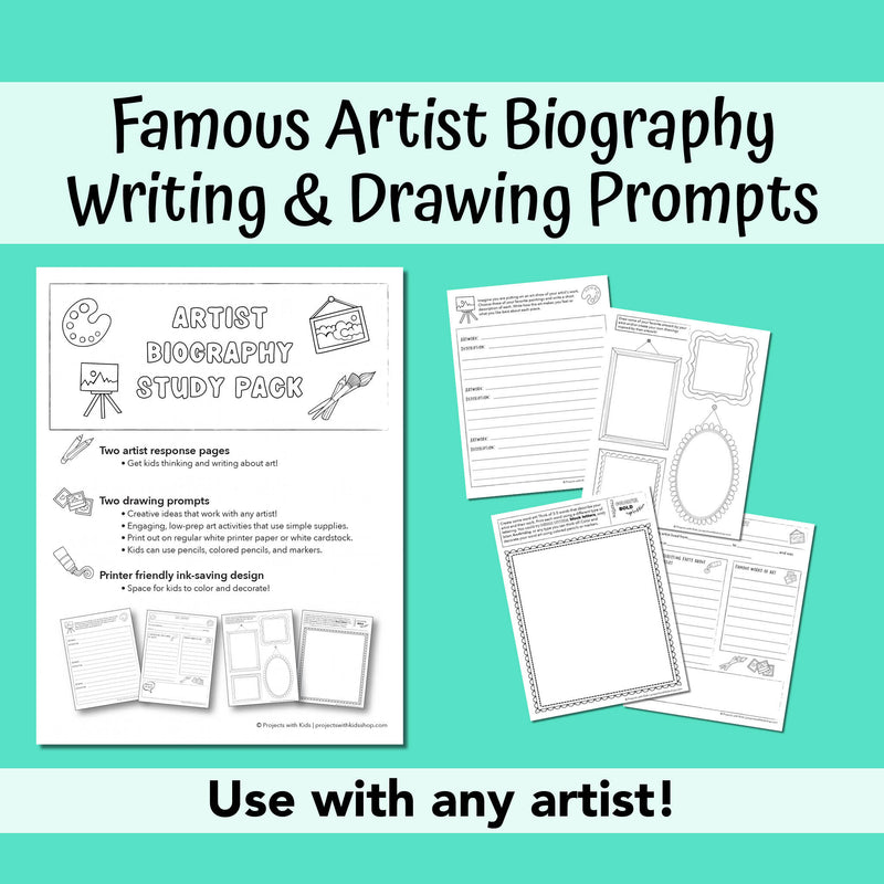 Artist biography writing and drawing prompts for kids to fill out.