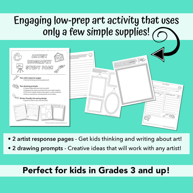 PDF page samples of a famous artist biography study pack with writing and drawing prompts for kids in grades 3 and up