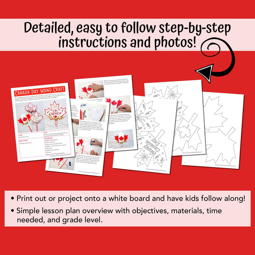 PDF sheets of printable Canada Day wand craft, Canada chalk pastel art, and Canada Day spin painting activity.