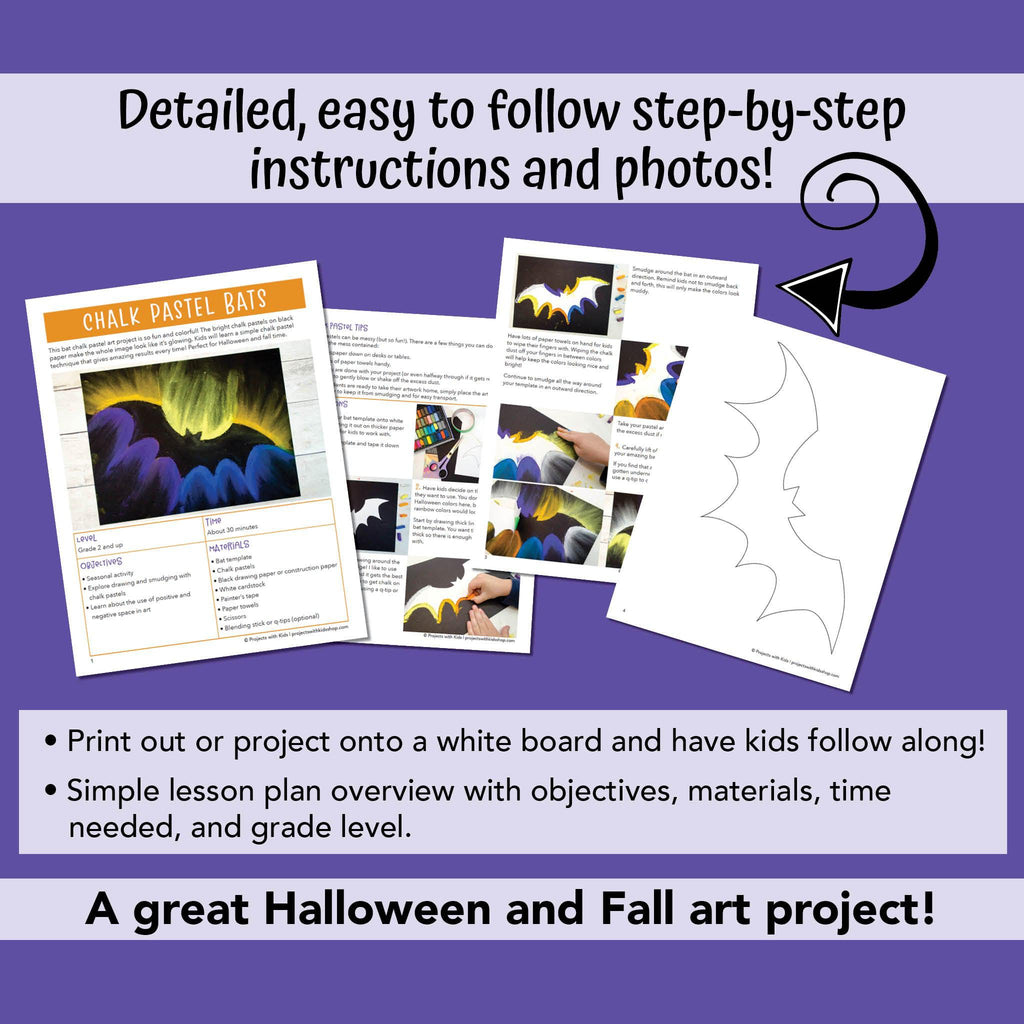 Chalk pastel bat art project for kids to make for Halloween or fall. PDF step-by-step instructions. 