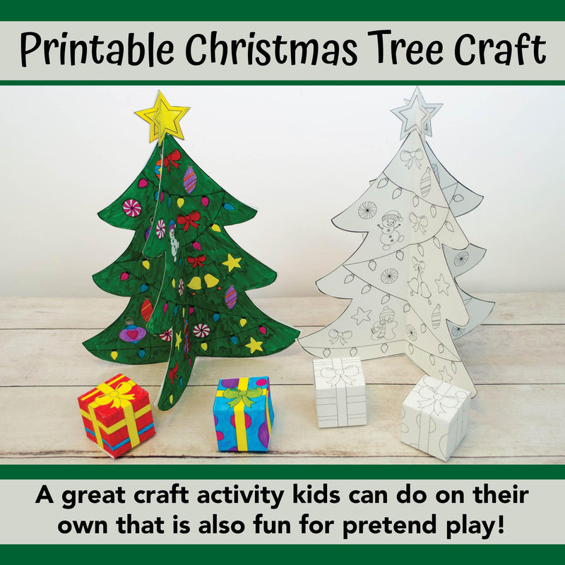 Christmas tree and present printable 3d craft activity for kids.
