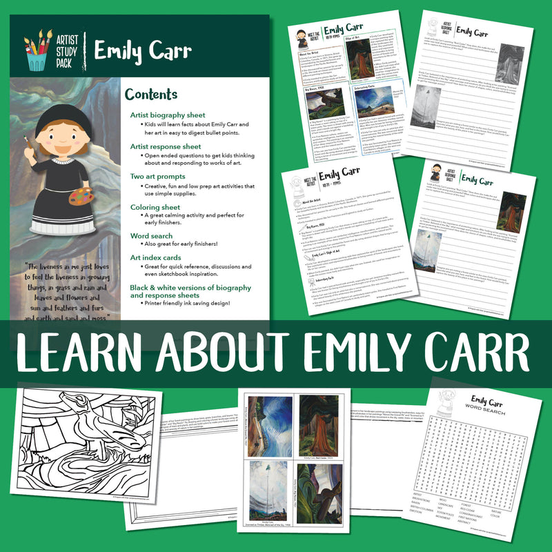 Famous artist Emily Carr printable bundle for kids to learn about the life and art of Emily Carr with drawing prompts and writing prompts.
