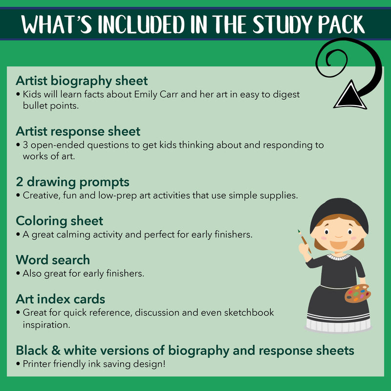 What's included in the Emily Carr printable pack for kids.