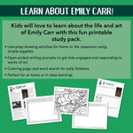 Benefits of the Emily Carr printable study pack and examples of what's included. Perfect for kids in Grades 4-7.