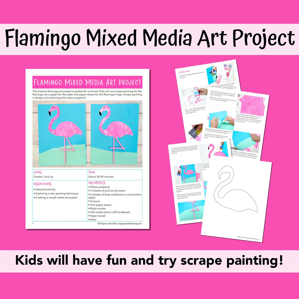 Example of mixed media flamingo art project with printable PDF template