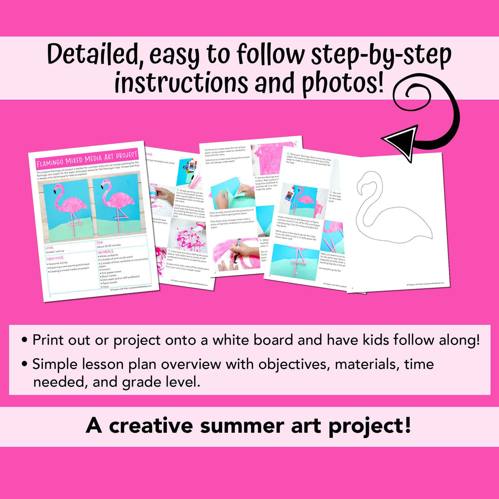 Example of mixed media flamingo art project with printable PDF template