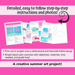 PDF example pages of a mixed media flamingo art project that uses scrape painting. Summer art project idea for kids 