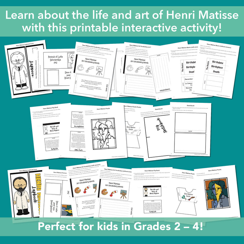 Screenshots of all the pages for a printable Henri Matisse lapbook activity for kids in Grades 2-4