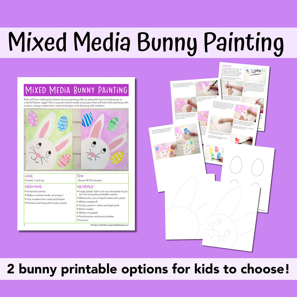 Bunny art project with watercolor paint, oil pastels, and markers kids painting idea.