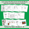 Screenshots of all the pages for a printable Claude Monet lapbook activity for kids in Grades 2-4