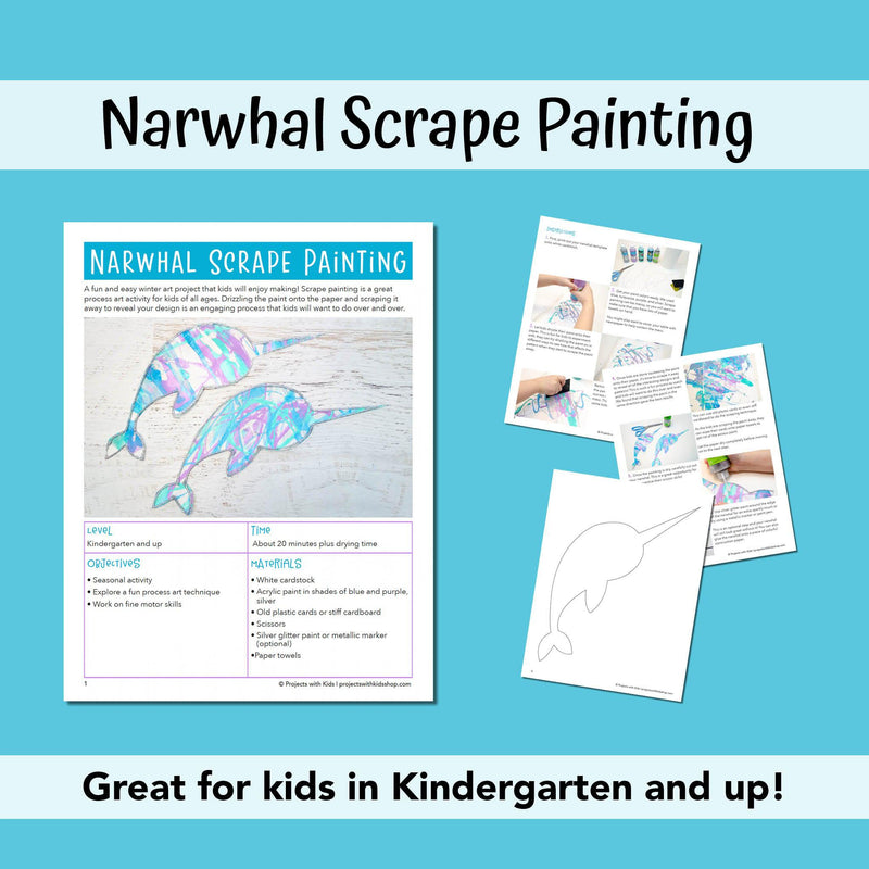 PDF pages of step by step winter art project for kids with narwhal printable template. 