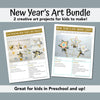 PDF sheets showing 2 different art project for kids to make: New Year's Eve wand craft and spin painting New Year's art project for kids of all ages to make. 