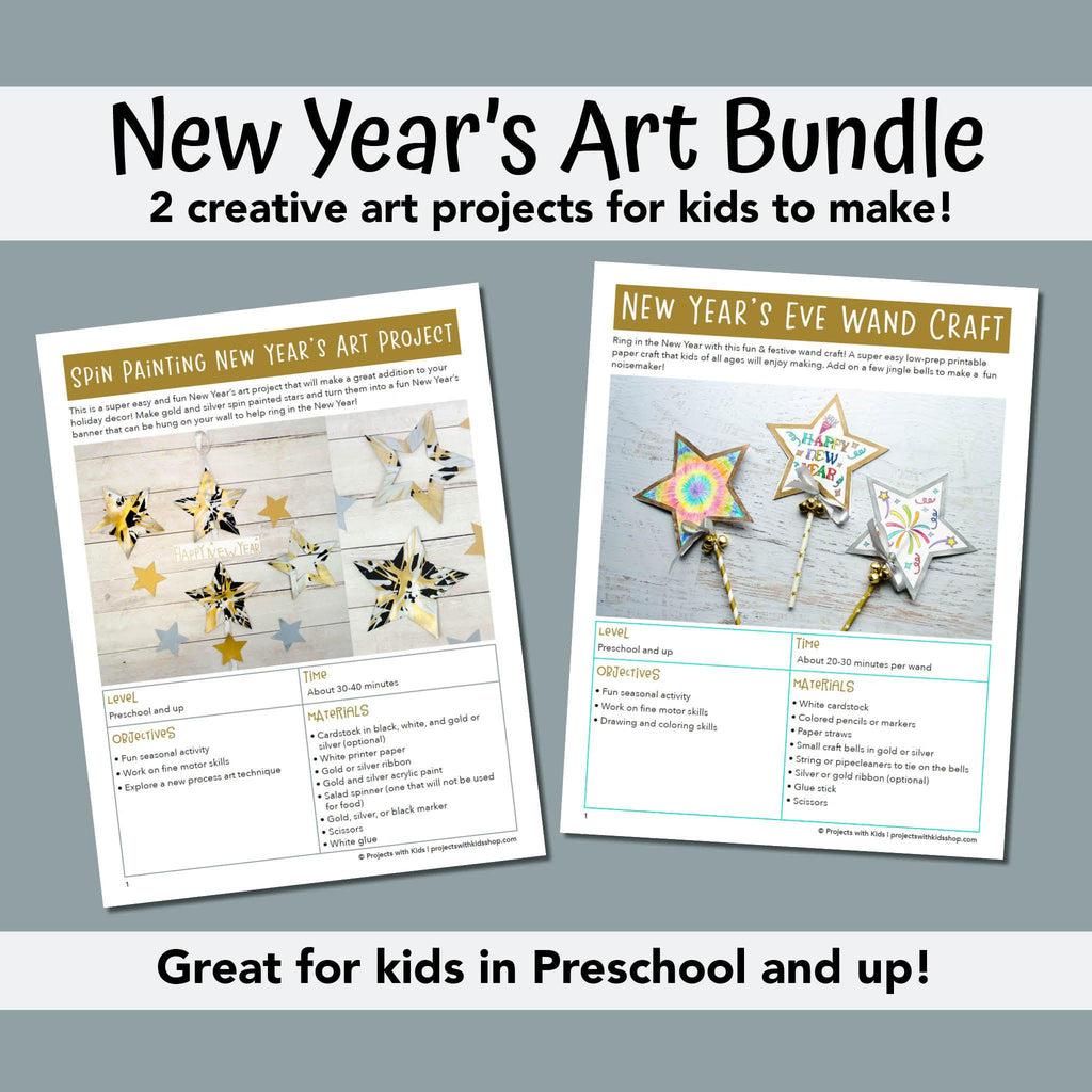 2 different New Year's art projects. Printable New Year's Eve wand craft and spin painted stars New Year banner. 