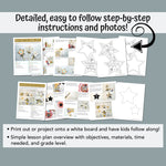PDF pages showing step by step tutorials and photos for 2 different New Year's art projects for kids to make. 