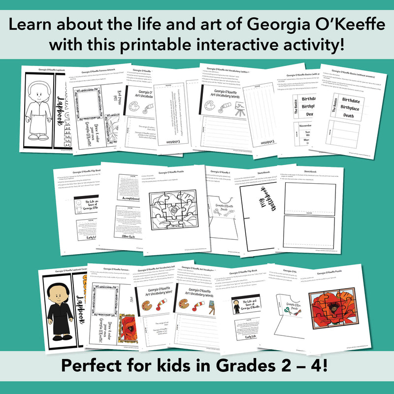 Screenshots of all the pages for a printable Georgia O'Keeffe lapbook activity for kids in Grades 2-4