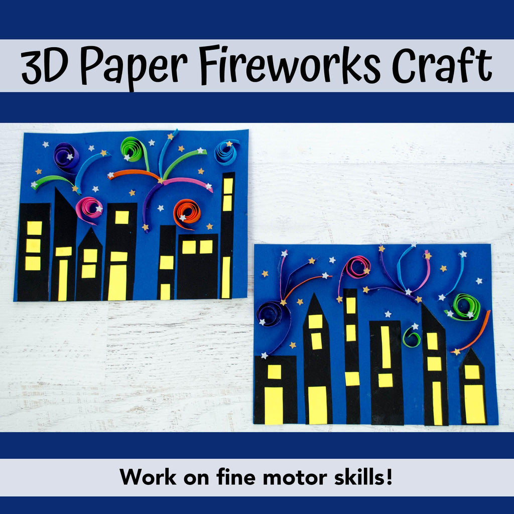 3D paper fireworks craft project using paper quilling and a printable template for the skyline.