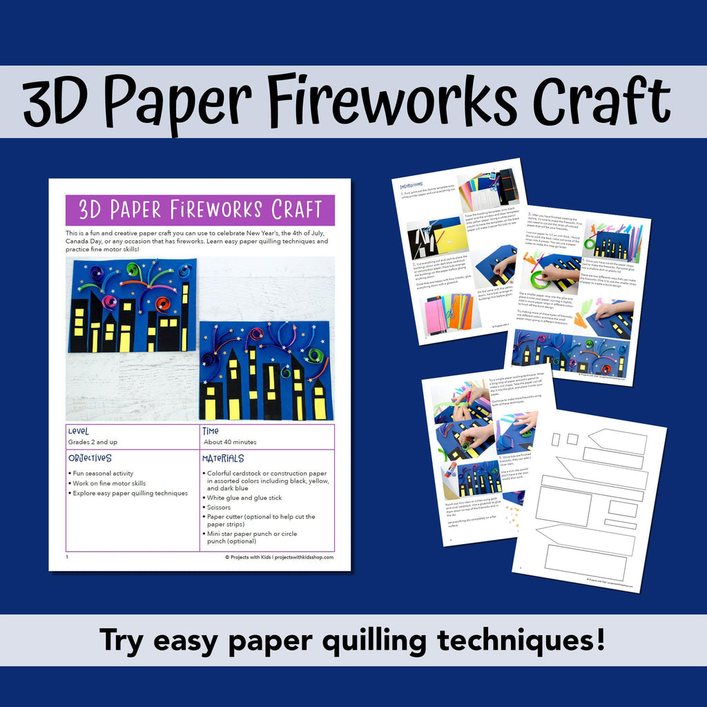 3D paper fireworks craft project using paper quilling and a printable template for the skyline.