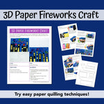 PDF pages of step by step instructions and photos for a paper fireworks craft using a printable template for the skyline and paper quilling techniques for the fireworks.