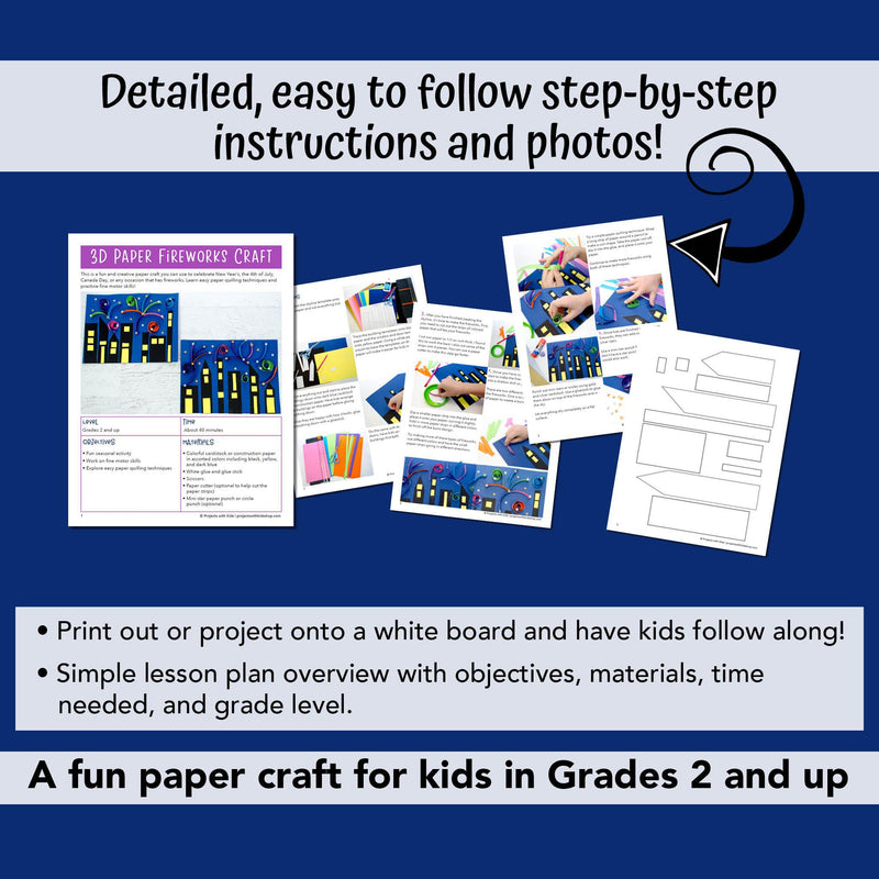 Paper fireworks craft for kids to make in the classroom or at home for New Years, 4th of July, Canada Day or any occasion with fireworks. PDF printable with instructions and photos. 