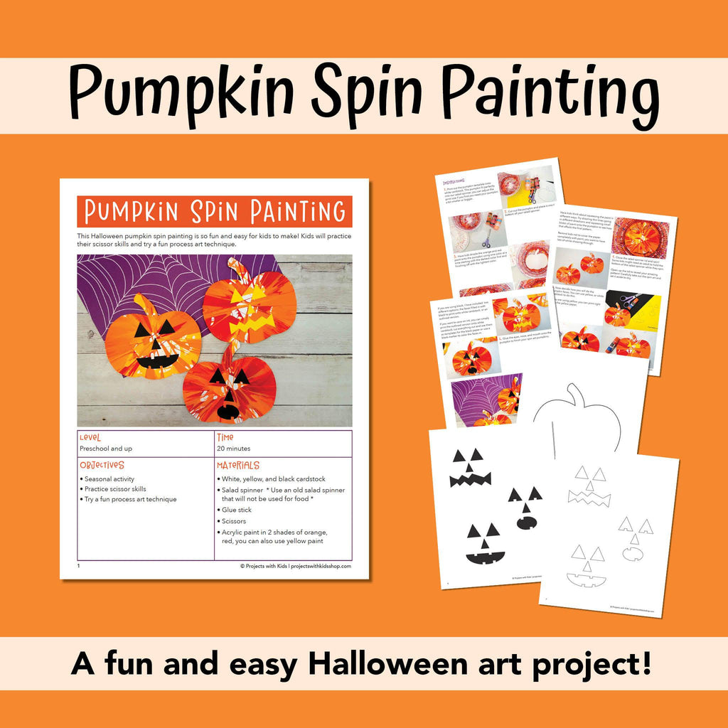 Pumpkin spin painting art project PDF for kids in preschool and up. Pages can be printed out or projected onto a whiteboard. 