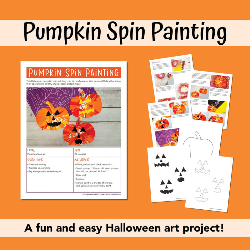 Pumpkin spin painting art project PDF for kids in preschool and up. Pages can be printed out or projected onto a whiteboard. 