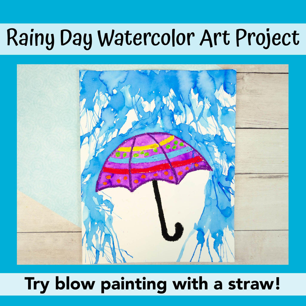 Umbrella painting with rain coming down using watercolors and oil pastels. Spring art project idea for kids.