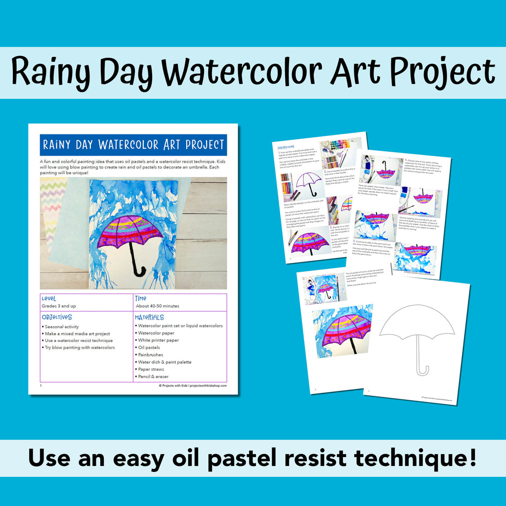 Umbrella painting with rain coming down using watercolors and oil pastels. Spring art project idea for kids.