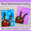 Mixed-media reindeer painting examples. One with purple background, one with blue background. 