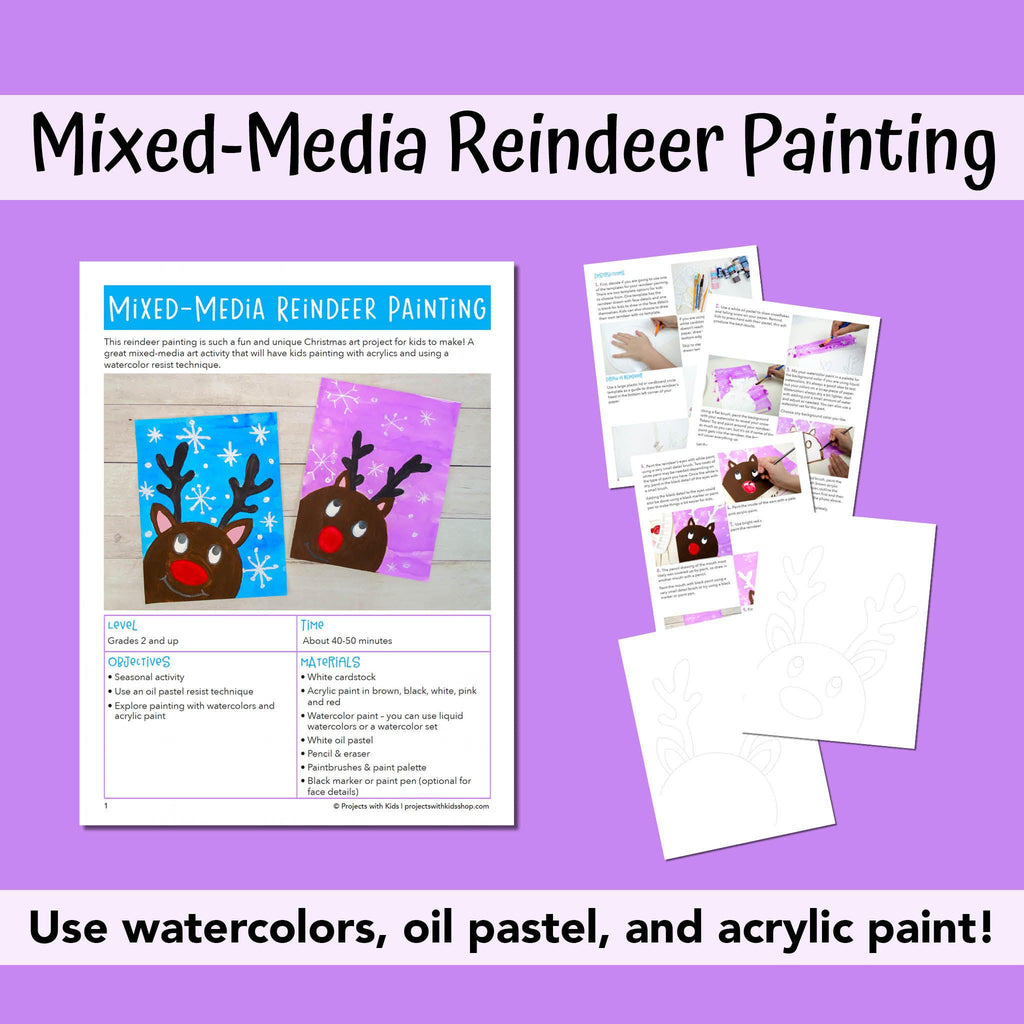 Mixed-media reindeer painting examples. One with purple background, one with blue background. 