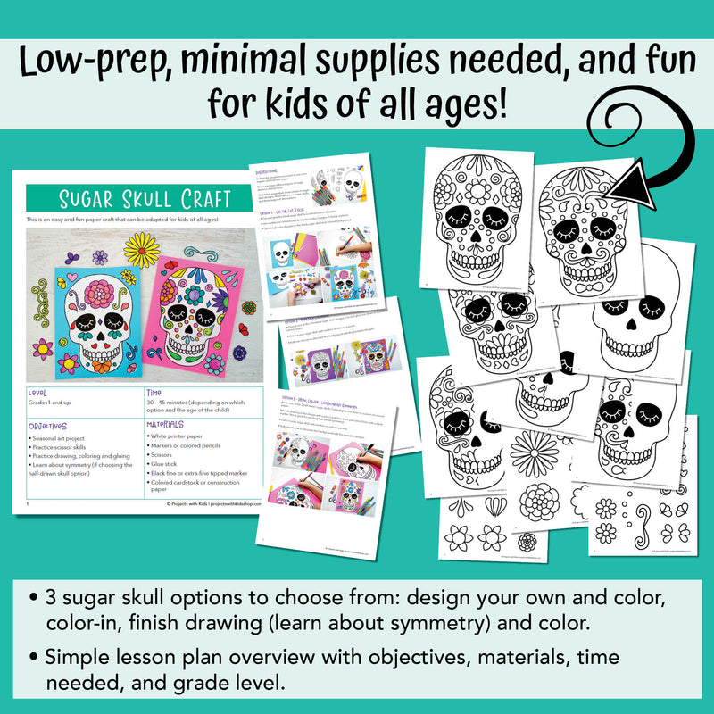 Sugar skull printable craft for kids. Screen shots of the different printable designs, step-by-step instructions. 