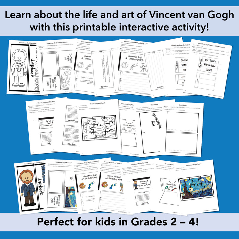 Screenshots of all the pages for a printable Vincent van Gogh lapbook activity for kids in Grades 2-4