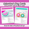 Project pages for 2 different printable Valentine's Day cards for kids in elementary school to make. 