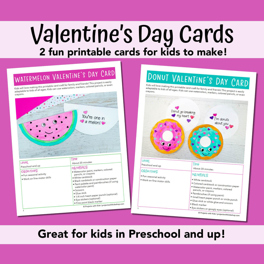 Printable watercolor Valentine's Day card project and printable donut Valentine's Day card craft for kids to make.