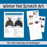 Winter hat scratch art project for kids to make using oil pastels and black acrylic paint. 