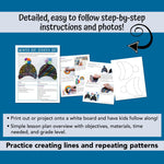 PDF of winter hat art project for kids using scratch art and exploring creating different lines and repeating patterns. With printable hat template. 