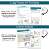 7 easy process art techniques, 7 full art projects in printable PDF format for kids to follow along.