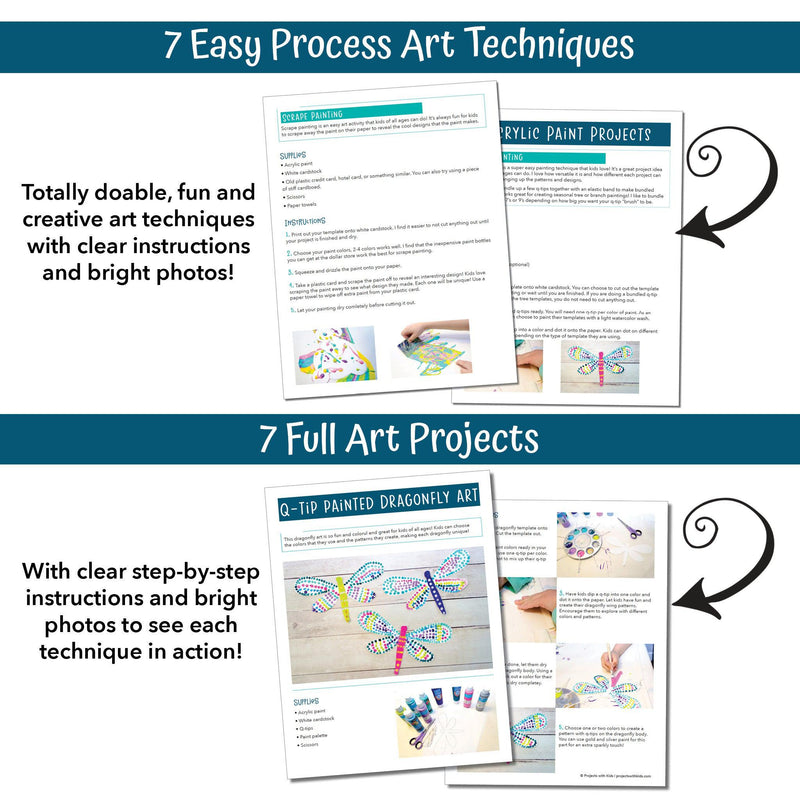 7 easy process art techniques, 7 full art projects in printable PDF format for kids to follow along.