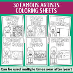 Printable famous artist coloring sheets for kids art activity.