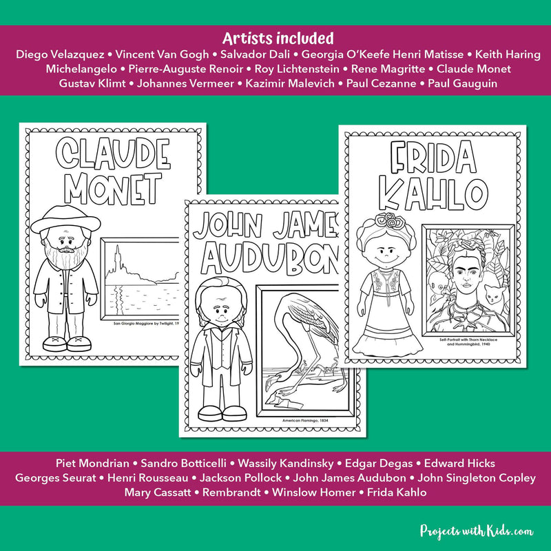 Monet, Audubon, Kahlo printable artist coloring pages for kids to learn about famous artists. 