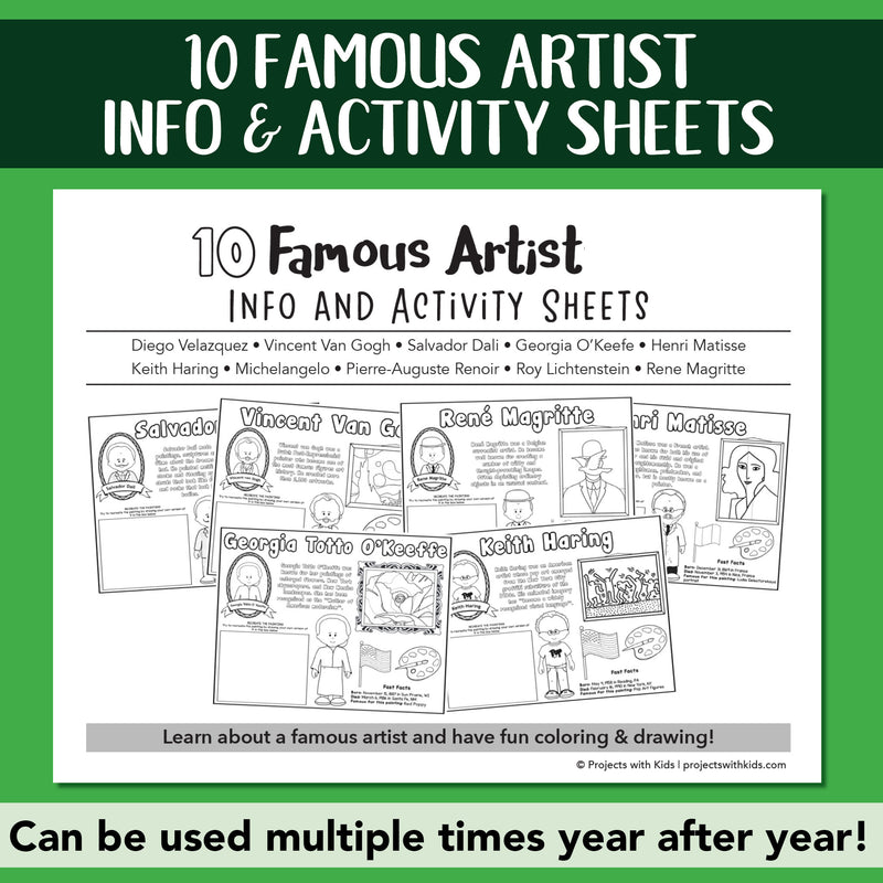 famous artist info and activity sheets examples.