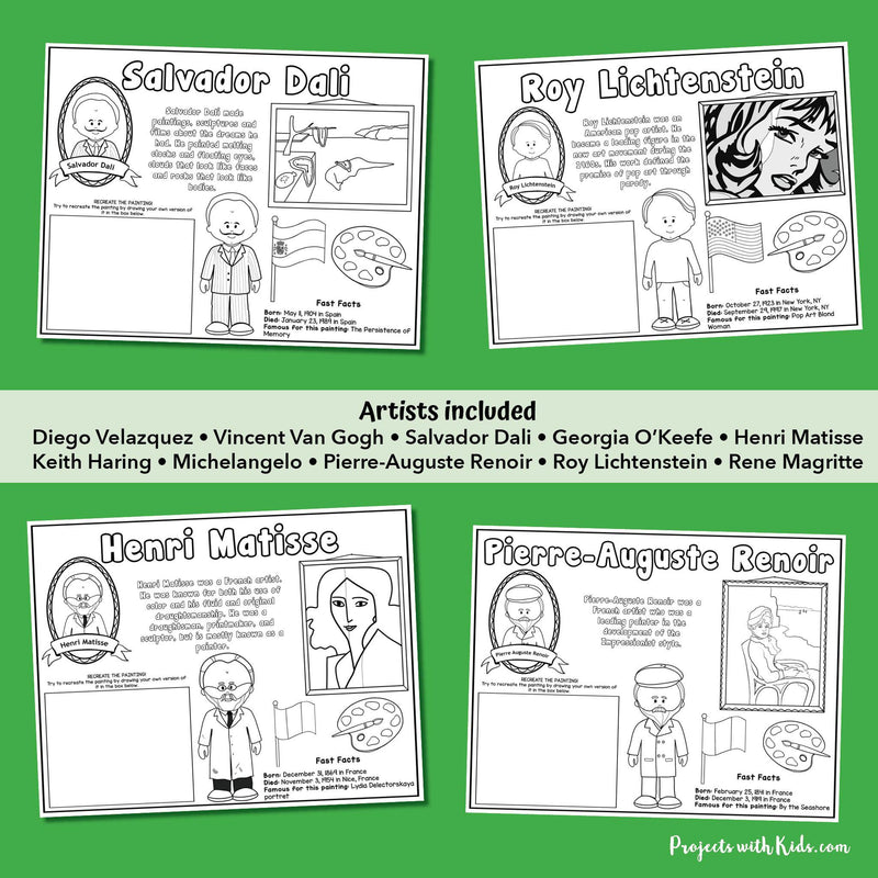 Samples of Dali, Matisse and other famous artists for kids to learn about and color and draw. 