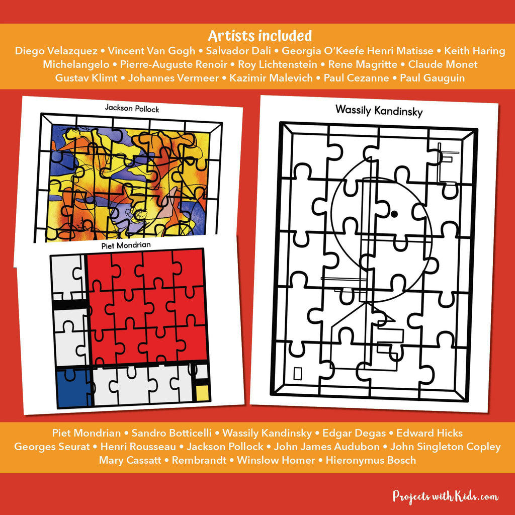 Famous artist puzzles for kids to color in or put together
