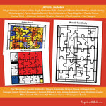 Pollock, Mondrian, and Kandinsky printable puzzles for kids to color or put together.