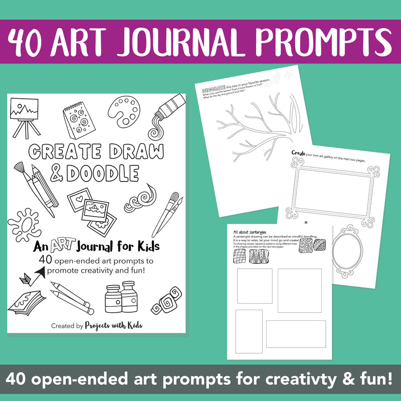 Printable art prompts and drawing prompts for kids art journal ideas.