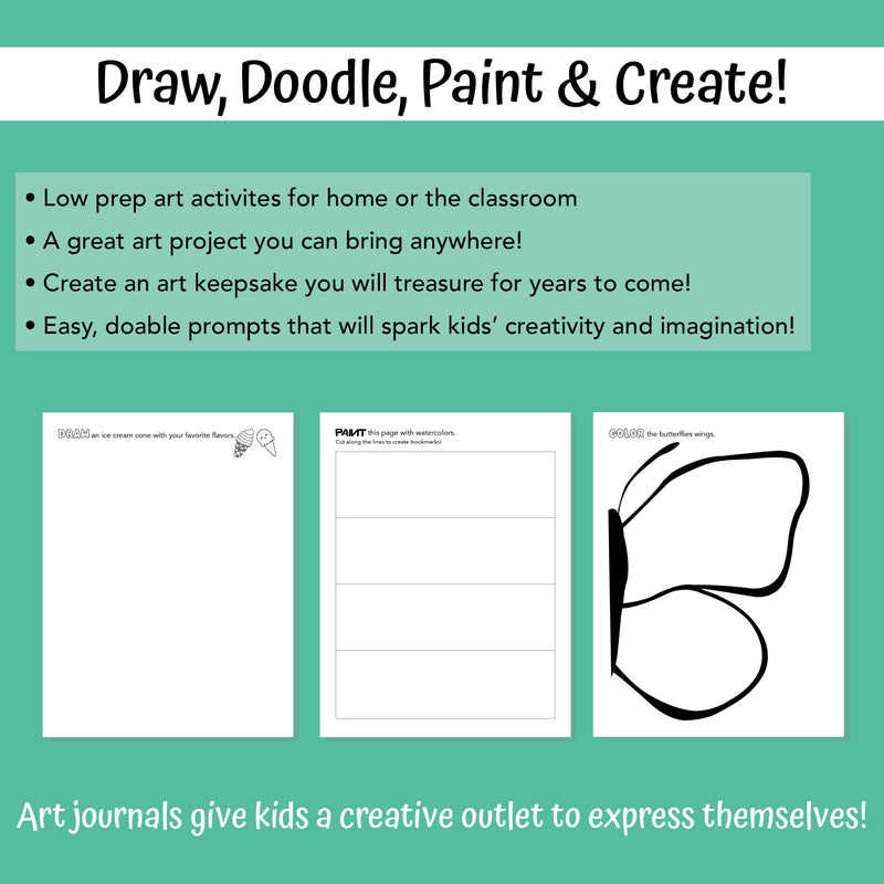 Examples of drawing prompts for kids and the benefits of art journals for kids.